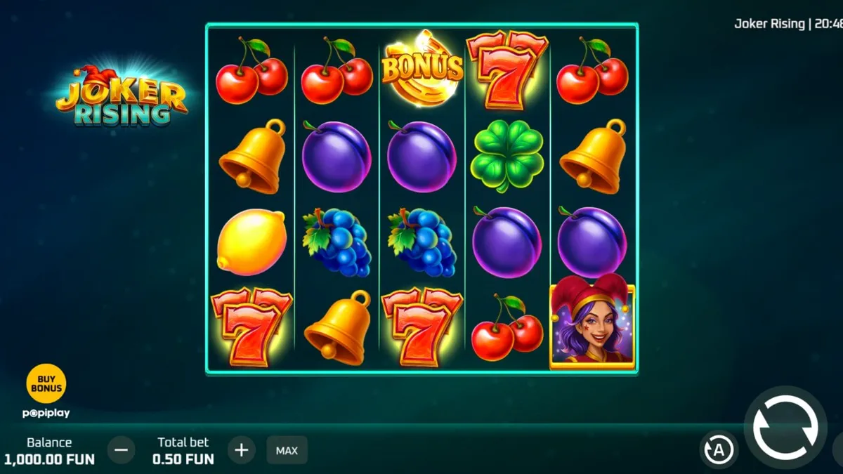 Tampilan visual slot Joker Rising dengan simbol buah klasik dan Joker yang bercahaya
