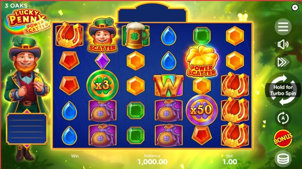 Tampilan visual slot Lucky Penny Power Scatter dengan tema hutan Irlandia yang cerah.
