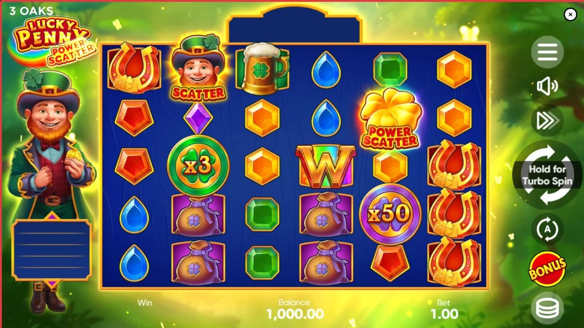 Tampilan visual slot Lucky Penny Power Scatter dengan tema hutan Irlandia yang cerah.
